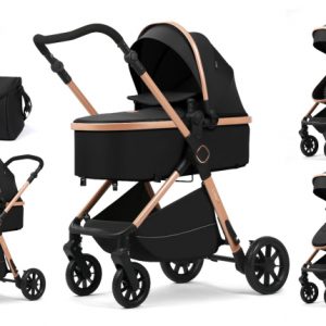 Carucior 2 in 1, F7 Negru, reversibil, pliabil compact, suspensii duble