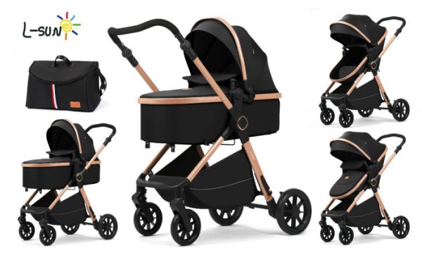 Carucior 2 in 1, F7 Negru, reversibil, pliabil compact, suspensii duble