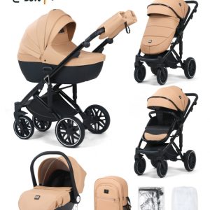 Carucior 3 in 1, G8 Luxury Crem, reversibil, cu suspensii, din piele ECO