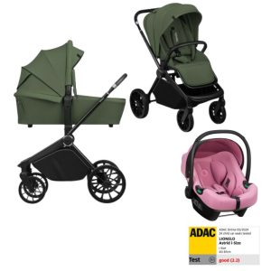Carucior 3 in 1, Lionelo, Mika Plus, Cu scoica auto Roz testata ADAC, Reversibil, Cu sistem de ventilatie 3D, Cu accesorii, Pana la 22 kg, EN1888-1 EN1888-2 EN1466 ECE R129, Verde