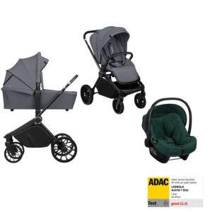 Carucior 3 in 1, Lionelo, Mika Plus, Cu scoica auto Verde testata ADAC, Reversibil, Cu sistem de ventilatie 3D, Cu accesorii, Pana la 22 kg, EN1888-1 EN1888-2 EN1466 ECE R129, Gri