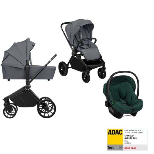 Carucior 3 in 1, Lionelo, Mika Plus, Cu scoica auto Verde testata ADAC, Reversibil, Cu sistem de ventilatie 3D, Cu accesorii, Pana la 22 kg, EN1888-1 EN1888-2 EN1466 ECE R129, Gri