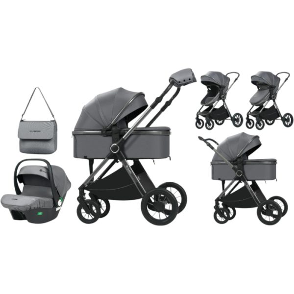 Carucior 3 in 1 Luxmom A4, Gri, Dublu Reversibil cu Scoica