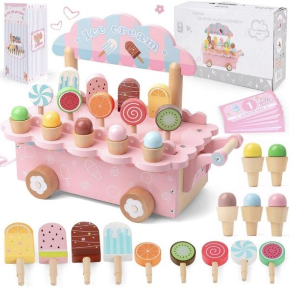 Carucior din lemn Gelaterie Ice Cream Cart cu accesorii magnetice si copertina, roz, +3 ani