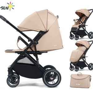 Carucior sport Q1, Crem, cu maner reversibil, pozitie de somn, pliabil, cu husa si geanta