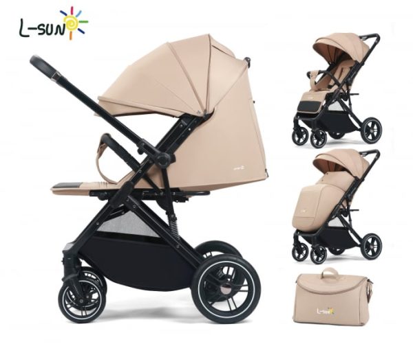 Carucior sport Q1, Crem, cu maner reversibil, pozitie de somn, pliabil, cu husa si geanta