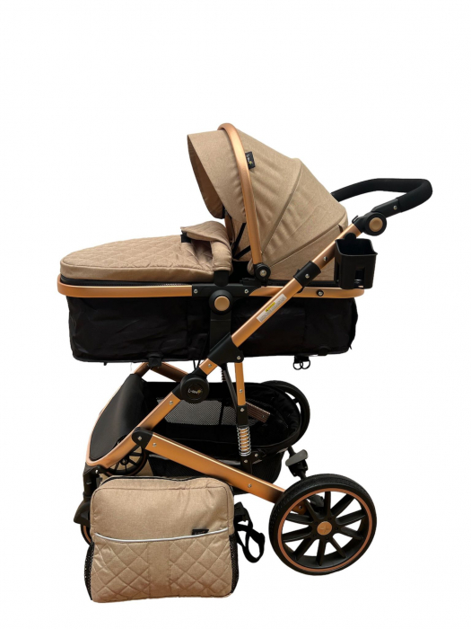 Carucior T1, 2 in 1, cu suspensii, reversibil, cu geanta, crem - negru