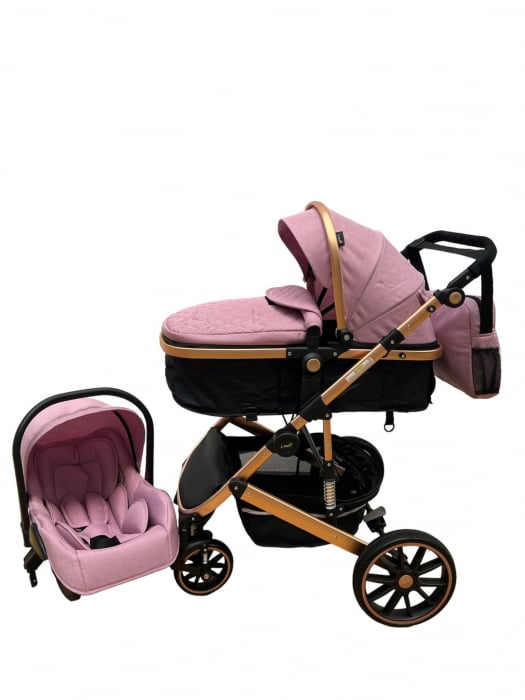 Carucior T4, 3 in 1, cu suspensii, transformabil landou-sport, roz negru