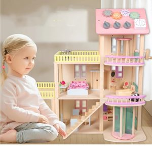 Casuta de papusi din lemn cu 3 etaje, mobilier, lift, terasa si acoperis senzorial