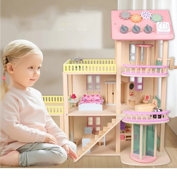 Casuta de papusi din lemn cu 3 etaje, mobilier, lift, terasa si acoperis senzorial
