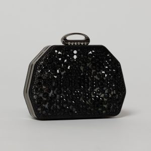 Clutch negru elegant metalic cu strasuri si pietre decorative