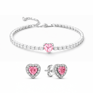 Set bijuterii Cercei si Bratara Pink Heart Cu Argint