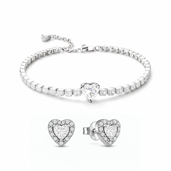 Set bijuterii Cercei si Bratara White Heart Cu Argint