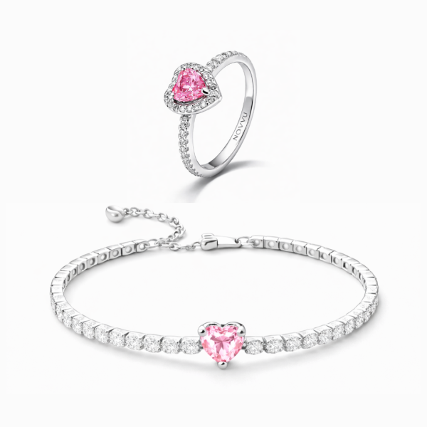 Set bijuterii Inel si Bratara Pink Heart Cu Argint