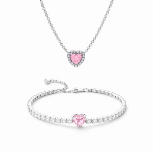 Set bijuterii Colier si Bratara Pink Heart Cu Argint