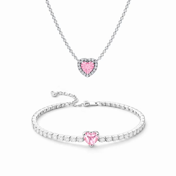 Set bijuterii Colier si Bratara Pink Heart Cu Argint