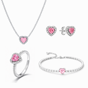 Set bijuterii Inel,Cercei,Bratara si Colier Pink Heart Cu Argint
