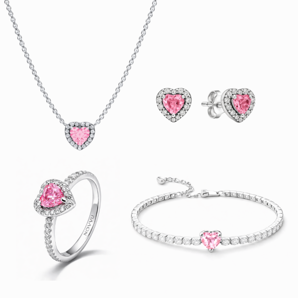 Set bijuterii Inel,Cercei,Bratara si Colier Pink Heart Cu Argint