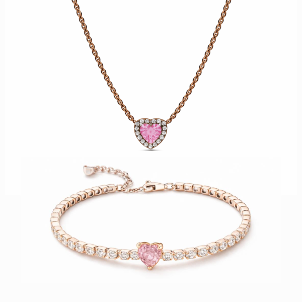Set bijuterii Colier si Bratara Pink Heart Rose Cu Argint