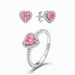 Set bijuterii Inel si Cercei Pink Heart cu Argint