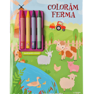 Coloram ferma. Carte de colorat cu 4 creioane cerate