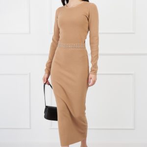 Compleu Anemona maro din tricot cu strasuri in talie