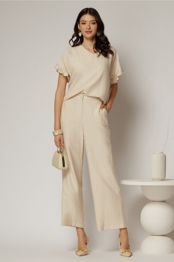 Compleu bej din viscoza cu pantalon si bluza cu maneci lejere