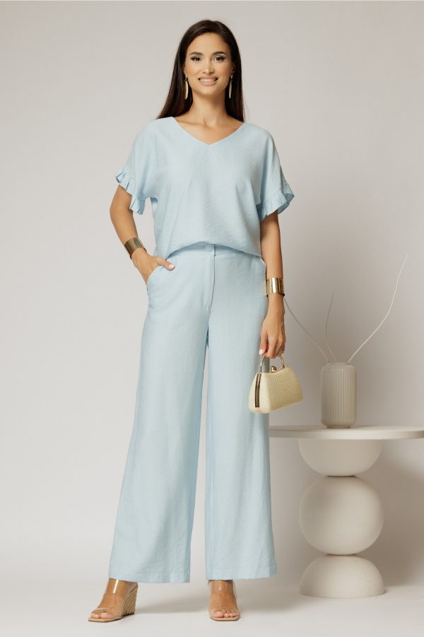 Compleu bleu din viscoza cu pantalon si bluza cu maneci lejere
