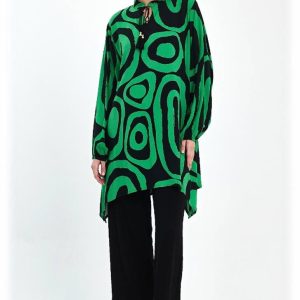 Compleu cu bluza lunga tip tunica si pantaloni, negru cu verde