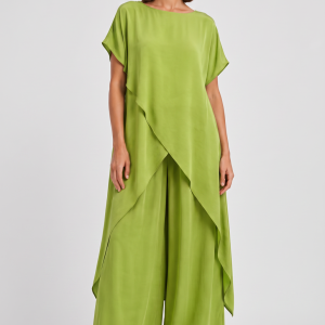 Compleu dama elegant din vascoza cu tunica asimetrica si pantaloni palazzo, verde olive