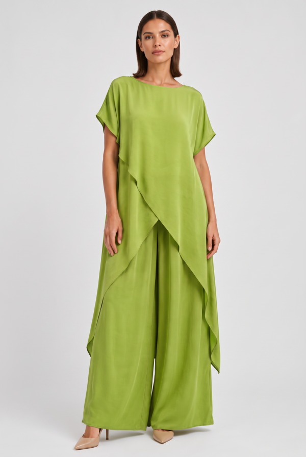 Compleu dama elegant din vascoza cu tunica asimetrica si pantaloni palazzo, verde olive