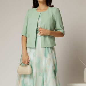 Compleu dama verde menta din sacou si rochie cu imprimeuri