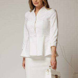 Compleu DY Fashion alb cu sacou cu peplum si fusta conica