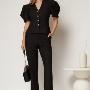 Compleu DY Fashion negru din sacou cambrat cu maneci bufante si pantalon