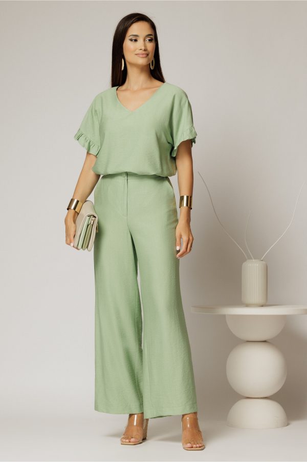 Compleu verde fistic din viscoza cu pantalon si bluza cu maneci lejere