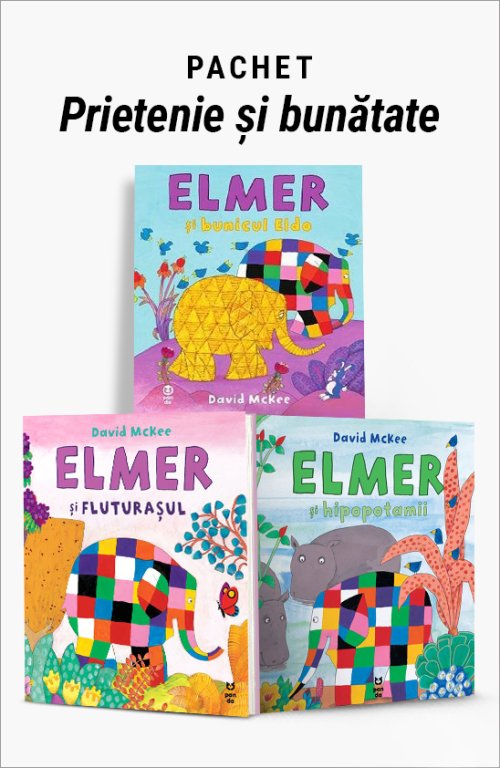 cover-8858.jpg Pachet Prietenie și bunătate. Elmer și bunicul Eldo/Elmer și fluturașul/Elmer și hipopotamii - David McKee