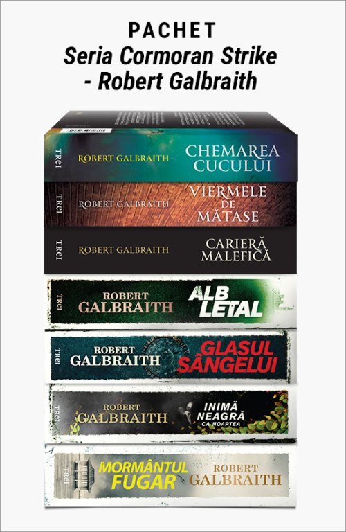 Pachet Seria Cormoran Strike - Robert Galbraith. Mormântul fugar/Inimă neagră ca noaptea/Glasul sângelui/Alb letal/Carieră malefică/Viermele de mătase/Chemarea cucului