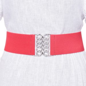 Curea rosie de 6 cm, din material elastic cu catarama argintie in forma de opturi