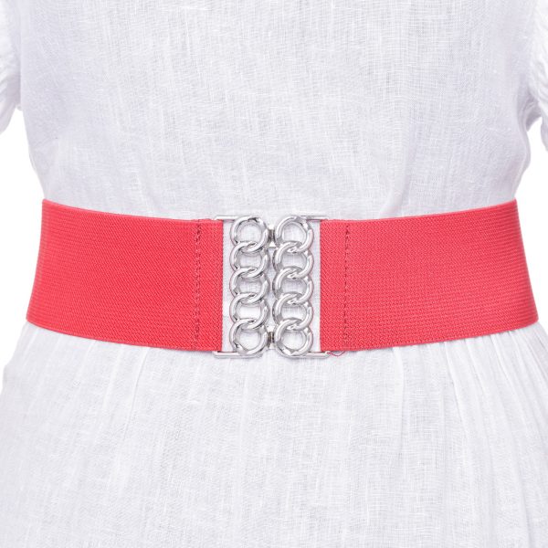 Curea rosie de 6 cm, din material elastic cu catarama argintie in forma de opturi