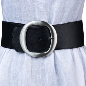 Curea lata neagra de 7.5 cm, din material elastic cu catarama metalica argintie rotunda