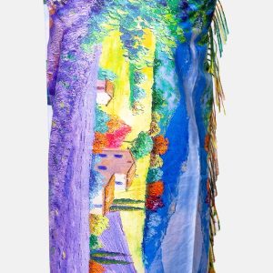 Esarfa matase doua fete imprimata cu model inspirat a unui tablou cu campuri de lavanda