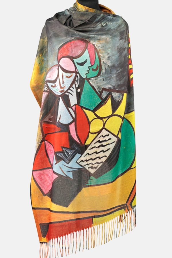 Esarfa cashmere cu doua fete imprimata cu model inspirat a   Two girls reading   a lui Picasso