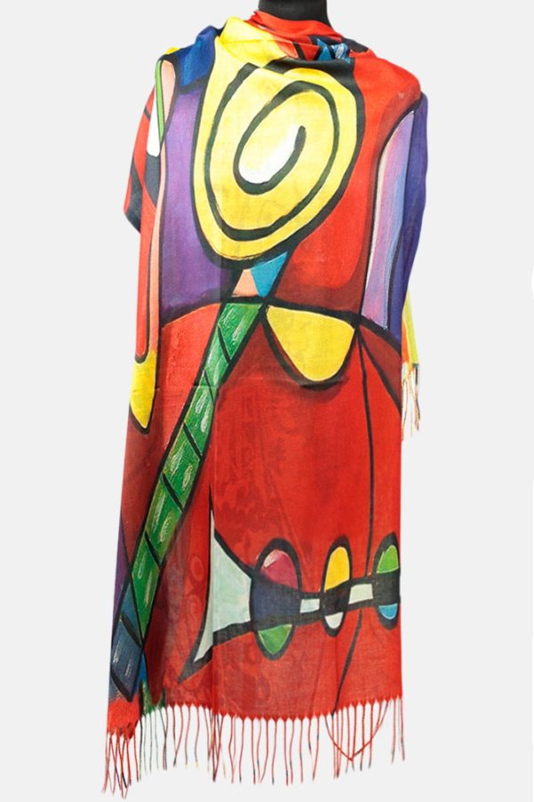 Esarfa cashmere cu doua fete imprimata cu model inspirat  colorata intens a lui Picasso
