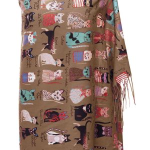 Esarfa casmir cu imprimeu pisicute cochete pe fond camel