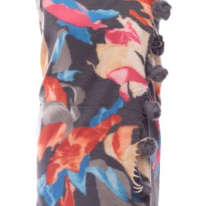 Esarfa din casmir cu ciucuri din blanita naturala, multicolor pe fond gri