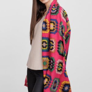 Esarfa din casmir cu motive florale stilizate pe fond fucsia