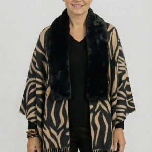 Eșarfă eleganta cu blăniță ecologică pe centru și franjuri decorativi, imprimeu negru si camel