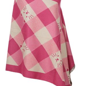 Esarfa mare din casmir cu dubla fata in carouri cu pisici stilizate, fucsia si alb