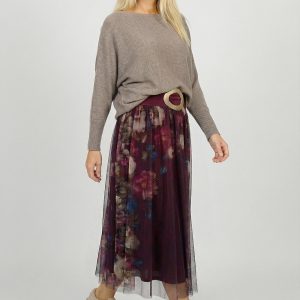Fusta clos din tulle cu imprimeu lateral floral in nuante de bordo