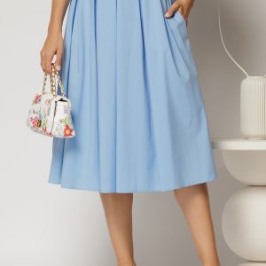 Fusta DY Fashion bleu din poplin cu pliuri si curea in talie
